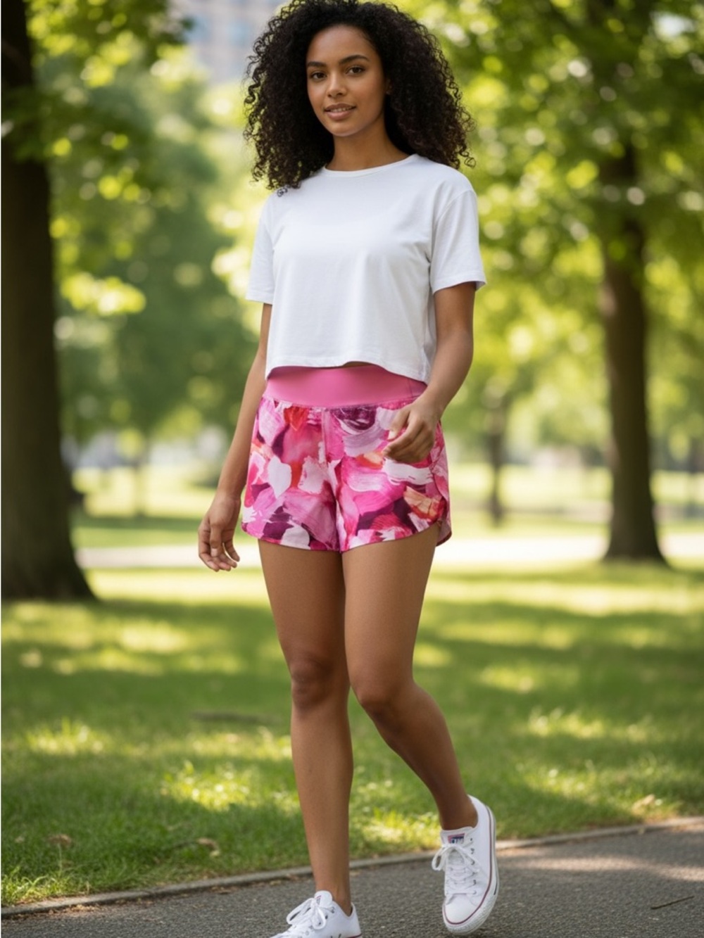 ATHLETA Run With It Shorts Pink Floral Printed Energy Coral Upf 50+ Size Medium